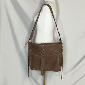 Delila Soft Pebble Leather Studded Shoulder Bag with Fringe